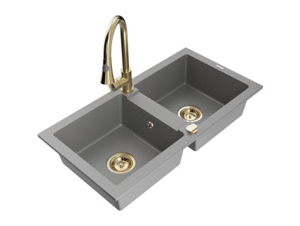 Granitový drez Mexen Mario s 2 misami a kuchynskou batériou Elia, sivý - 6504-71-670101-50