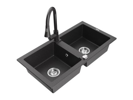 Granitový drez Mexen Mario s 2 misami a kuchynskou batériou Elia, čierna škvrnitá - 6504-76-670101-76