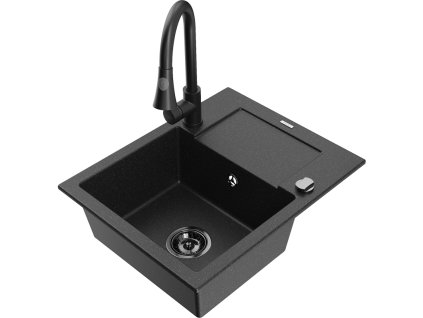 Granitový drez Mexen Enzo s 1 misou, odkapávačom a batériou Elia, čierna/strieborná metalíza - 6506-73-670101-70-B