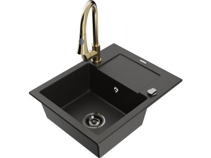 Granitový drez Mexen Enzo s 1 misou, odkapávačom a batériou Elia, čierna/zlatá metalíza - 6506-75-670101-50-B
