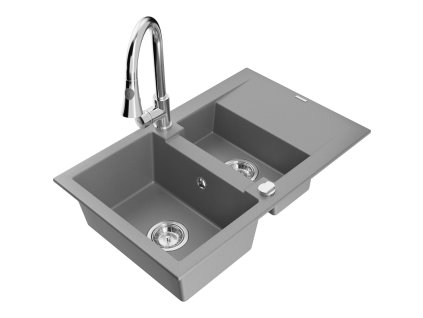 Granitový drez Mexen Gaspar s 1,5 misky, odkapávačom a kuchynskou batériou Elia, sivý - 6507-71-670101-00