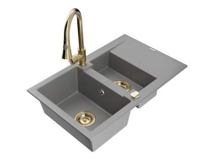 Granitový drez Mexen Gaspar s 1,5 misky, odkapávačom a kuchynskou batériou Elia, sivý - 6507-71-670101-50