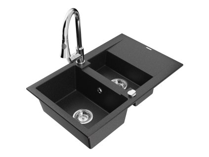 Granitový drez Mexen Gaspar s 1,5 misky, odkapávačom a batériou Elia, čierna/strieborná metalíza - 6507-73-670101-00