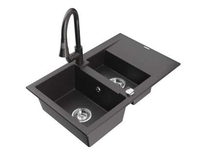 Granitový drez Mexen Gaspar s 1,5 misky, odkapávačom a kuchynskou batériou Elia, čierny bodkovaný - 6507-76-670101-76