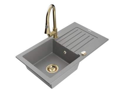Granitový drez Mexen Pablo s 1 misou, odkapávačom a kuchynskou batériou Elia, sivý - 6510-71-670101-50