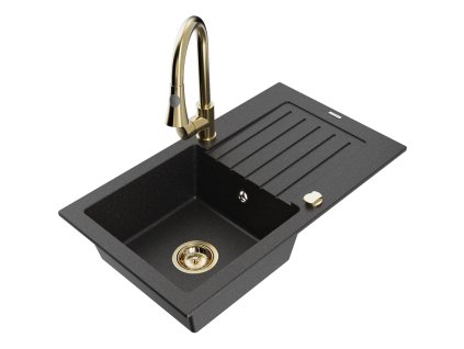 Granitový drez Mexen Pablo s 1 misou, odkapávačom a kuchynskou batériou Elia, čierna/strieborná metalíza - 6510-73-670101-50