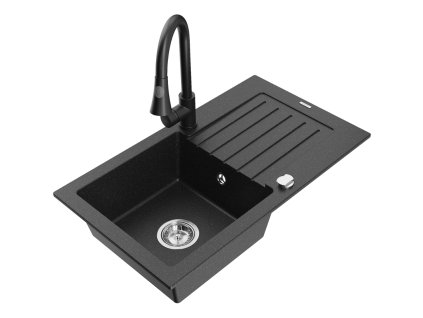 Granitový drez Mexen Pablo s 1 misou, odkapávačom a kuchynskou batériou Elia, čierna/strieborná metalíza - 6510-73-670101-70