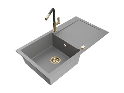 Granitový drez Mexen Leo s 1 misou, odkapávačom a batériou Flora, sivý - 6501-71-670401-57-G