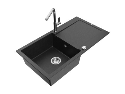 Granitový drez Mexen Leo s 1 misou, odkapávačom a batériou Flora, čierna/strieborná metalíza - 6501-73-670401-00