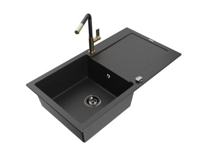 Granitový drez Mexen Leo s 1 misou, odkapávačom a batériou Flora, čierna/strieborná metalíza - 6501-73-670401-57-B