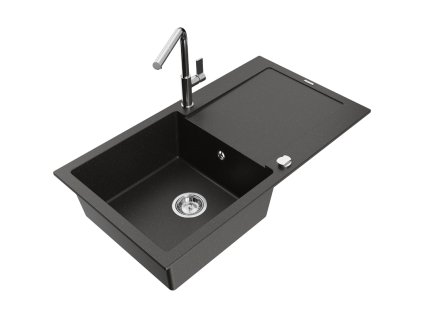 Granitový drez Mexen Leo s 1 misou, odkapávačom a batériou Flora, čierna/zlatá metalíza - 6501-75-670401-00