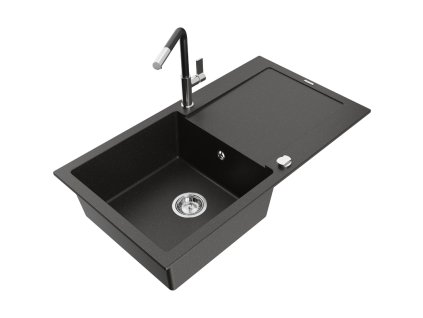 Granitový drez Mexen Leo s 1 misou, odkapávačom a batériou Flora, čierna/zlatá metalíza - 6501-75-670401-07