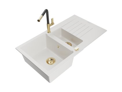 Granitový drez Mexen Matias s 1,5 misky, odkapávačom a kuchynskou batériou Flora, biely - 6502-20-670401-57-G