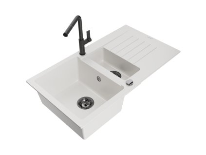 Granitový drez Mexen Matias s 1,5 misky, odkapávačom a kuchynskou batériou Flora, biely - 6502-20-670401-70-B