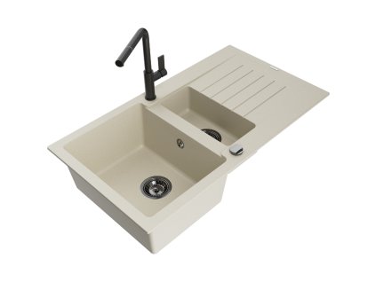 Granitový drez Mexen Matias s 1,5 miskou, odkapávačom a kuchynskou batériou Flora, béžový - 6502-69-670401-70-B