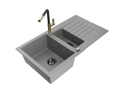 Granitový drez Mexen Matias s 1,5 misy, odkapávačom a batériou Flora, sivý - 6502-71-670401-57-B