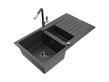 Granitový drez Mexen Matias s 1,5 misky, odkapávačom a batériou Flora, čierna škvrnitá - 6502-76-670401-08-B