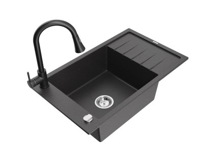 Granitový drez Mexen Elias s 1 misou, odkapávačom a kuchynskou batériou Elia, čierna škvrnitá - 6511-76-670101-70
