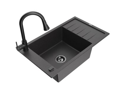 Granitový drez Mexen Elias s 1 misou, odkapávačom a kuchynskou batériou Elia, čierna škvrnitá - 6511-76-670101-70-B