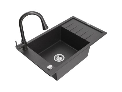Granitový drez Mexen Elias s 1 misou, odkapávačom a kuchynskou batériou Elia, čierna škvrnitá - 6511-76-670101-76