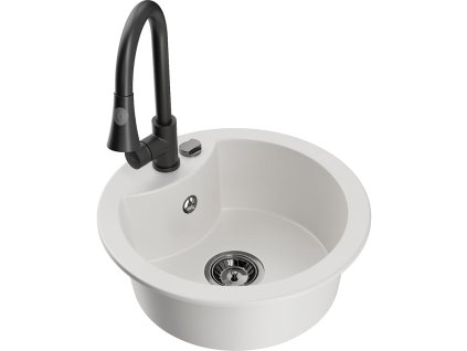 Granitový drez Mexen Diego s 1 misou a kuchynskou batériou Elia, biely - 6512-20-670101-70