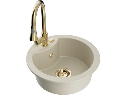 Granitový drez Mexen Diego s 1 misou a kuchynskou batériou Elia, béžový - 6512-69-670101-50