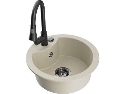 Granitový drez Mexen Diego s 1 misou a kuchynskou batériou Elia, béžový - 6512-69-670101-70