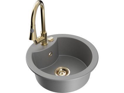 Granitový drez Mexen Diego s 1 misou a kuchynskou batériou Elia, sivý - 6512-71-670101-50