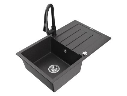 Granitový drez Mexen Bruno s 1 misou, odkapávačom a kuchynskou batériou Elia, čierny bodkovaný - 6513-76-670101-70