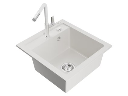 Granitový drez Mexen Vito s 1 misou a kuchynskou batériou Flora, biely - 6503-20-670401-02
