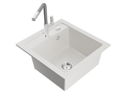 Granitový drez Mexen Vito s 1 misou a kuchynskou batériou Flora, biely - 6503-20-670401-06