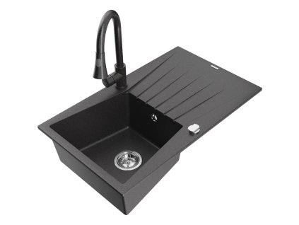 Granitový drez Mexen Cesar s 1 misou, odkapávačom a kuchynskou batériou Elia, čierna škvrnitá - 6514-76-670101-76
