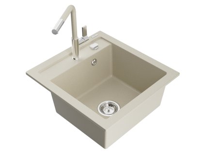 Granitový drez Mexen Vito s 1 misou a kuchynskou batériou Flora, béžový - 6503-69-670401-09