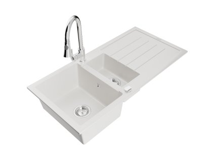 Granitový drez Mexen Andres s 1,5 misky, odkapávačom a kuchynskou batériou Elia, biely - 6515-20-670101-00