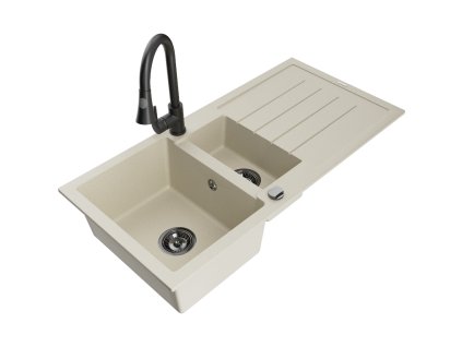 Granitový drez Mexen Andres s 1,5 miskou, odkapávačom a kuchynskou batériou Elia, béžový - 6515-69-670101-70