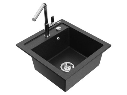 Granitový drez Mexen Vito s 1 misou a kuchynskou batériou Flora, čierna/strieborná metalíza - 6503-73-670401-00