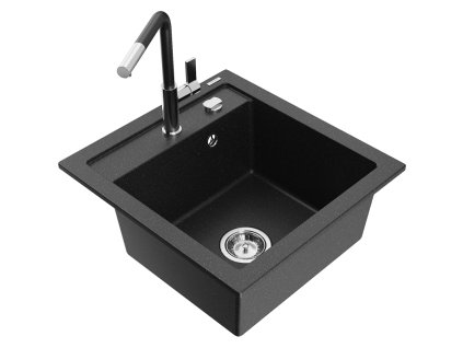 Granitový drez Mexen Vito s 1 misou a kuchynskou batériou Flora, čierna/strieborná metalíza - 6503-73-670401-07