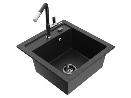 Granitový drez Mexen Vito s 1 misou a kuchynskou batériou Flora, čierna/strieborná metalíza - 6503-73-670401-07-B
