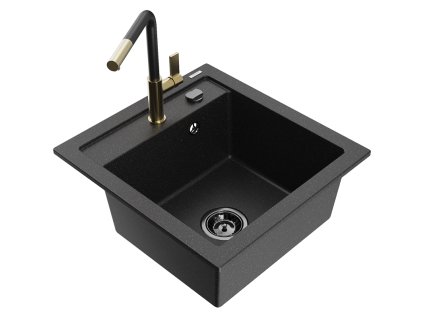 Granitový drez Mexen Vito s 1 misou a kuchynskou batériou Flora, čierna/strieborná metalíza - 6503-73-670401-57-B