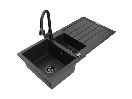 Granitový drez Mexen Andres s 1,5 miskou, odkapávačom a kuchynskou batériou Elia, čierny/strieborný - 6515-73-670101-70-B