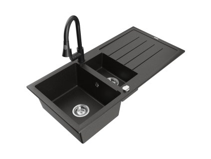 Granitový drez Mexen Andres s 1,5 misky, odkapávačom a kuchynskou batériou Elia, čierna/zlatá metalíza - 6515-75-670101-70