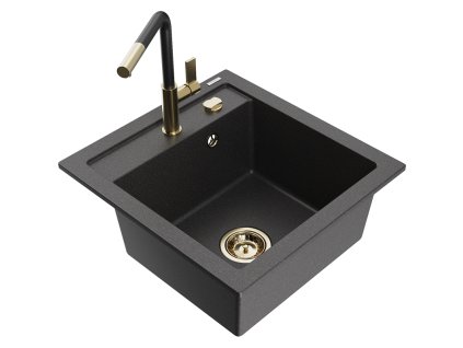 Granitový drez Mexen Vito s 1 misou a kuchynskou batériou Flora, škvrnitá čierna - 6503-76-670401-57-G