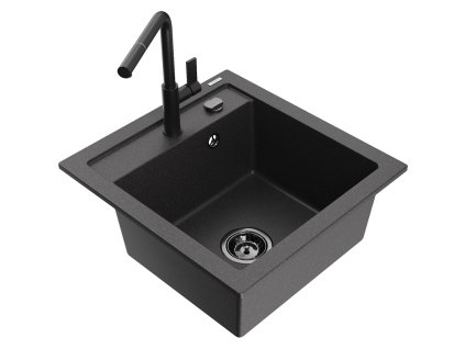 Granitový drez Mexen Vito s 1 misou a kuchynskou batériou Flora, čierna škvrnitá - 6503-76-670401-70-B