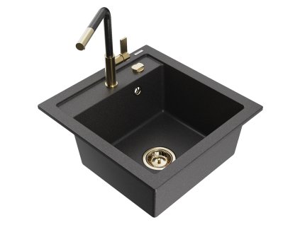 Granitový drez Mexen Vito s 1 misou a kuchynskou batériou Flora, škvrnitá čierna - 6503-76-670401-75-G