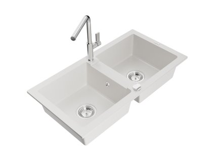 Granitový drez Mexen Mario s 2 misami a kuchynskou batériou Flora, biely - 6504-20-670401-00