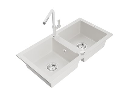 Granitový drez Mexen Mario s 2 misami a kuchynskou batériou Flora, biely - 6504-20-670401-02