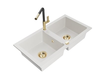 Granitový drez Mexen Mario s 2 misami a kuchynskou batériou Flora, biely - 6504-20-670401-57-G