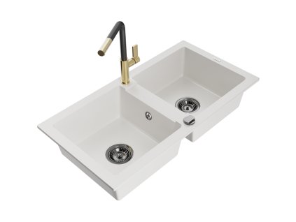 Granitový drez Mexen Mario s 2 misami a kuchynskou batériou Flora, biely - 6504-20-670401-57-B