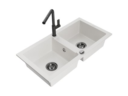 Granitový drez Mexen Mario s 2 misami a kuchynskou batériou Flora, biely - 6504-20-670401-70-B