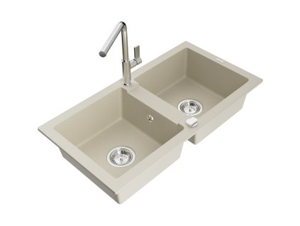Granitový drez Mexen Mario s 2 miskami a kuchynskou batériou Flora, béžová - 6504-69-670401-00